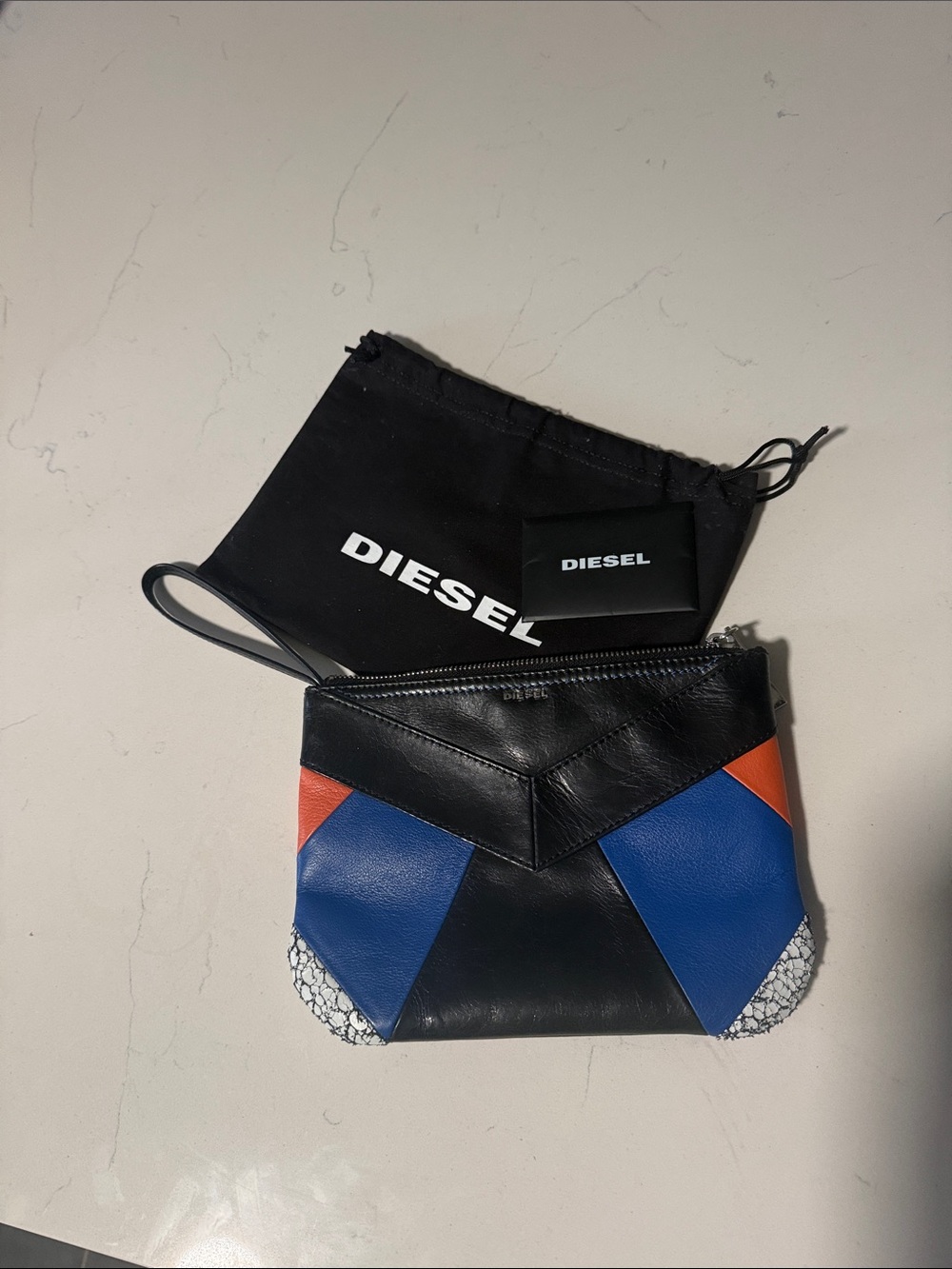 New Diesel Colorblock Leather Wristlet in Black, Blue & Orange